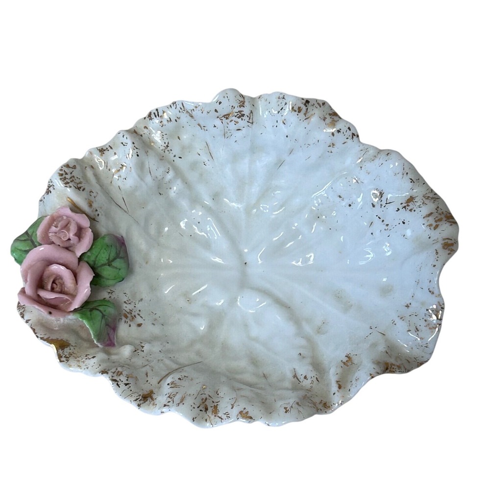 Lefton China Hand Painted Rose Leaf Trinket Dish White Gold Trim 962 Vintage